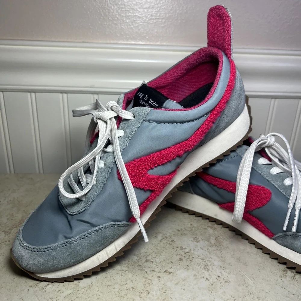 Rag‎ & Bone Retro Runner Sneakers in Slate Grey and Neon Pink Bouclé | Sz 38